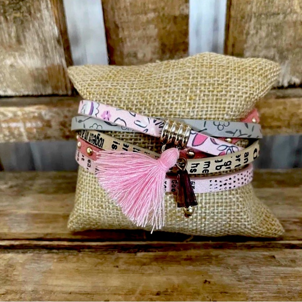 Pink Multi. Leather BOHO Bracelet 7.5” Magnetic Closure - New